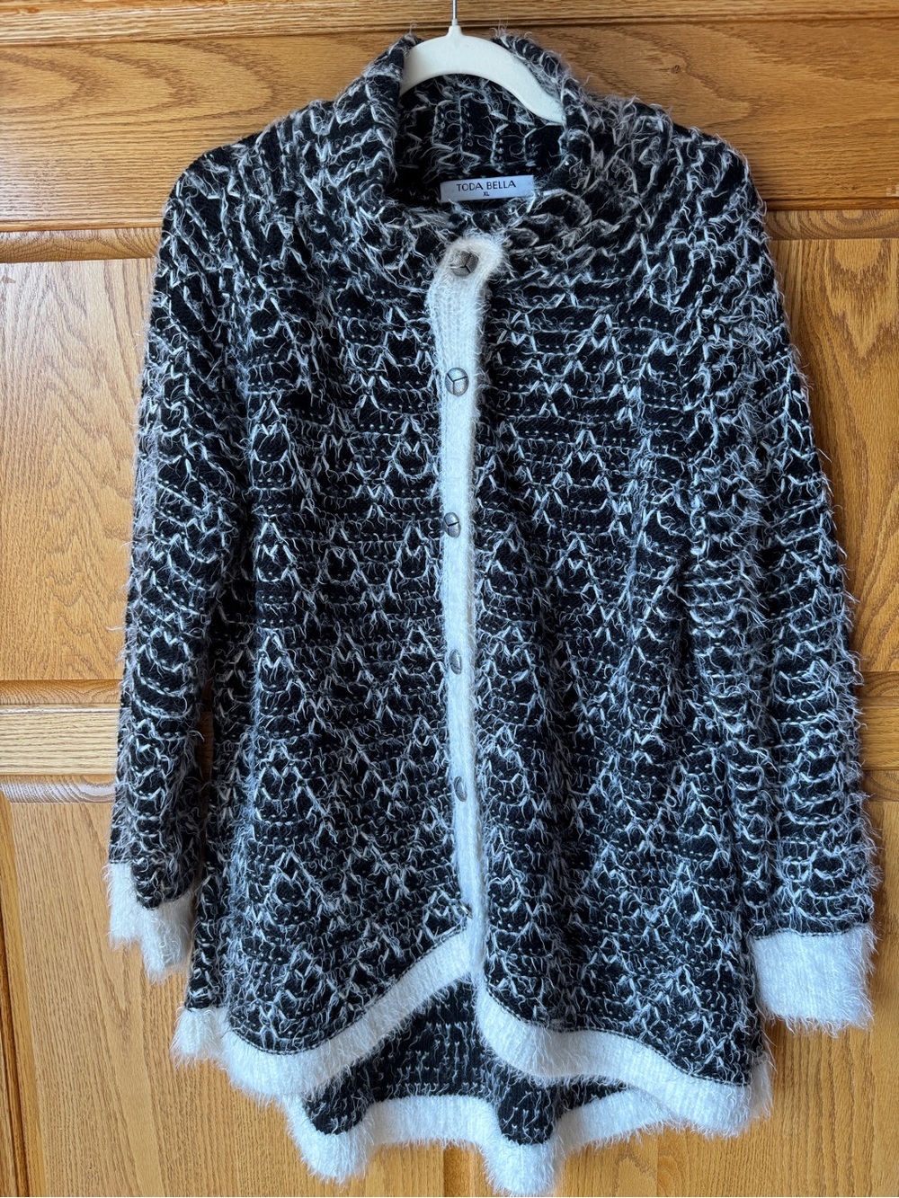 Toda Bella Black White Fuzzy Knit Button Down Cardigan with White Eyelash Trim
